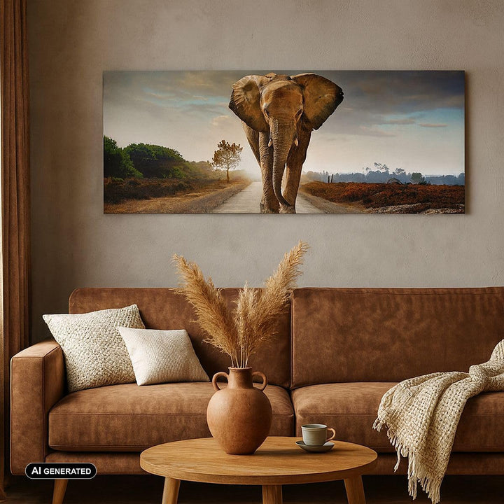 Panorama Bilder auf Leinwand Elefant Strasse Landschaft Leinwandbild 90x30cm Wandbilder Dekoration W