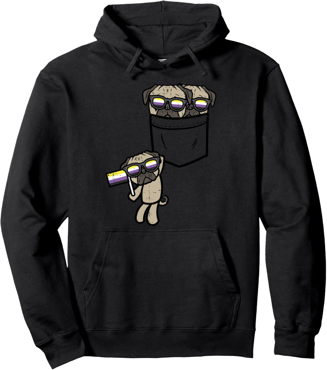 Pugs In Pocket Dogs LGBTQ Non-Binary Flag Genderqueer Enby Pullover Hoodie