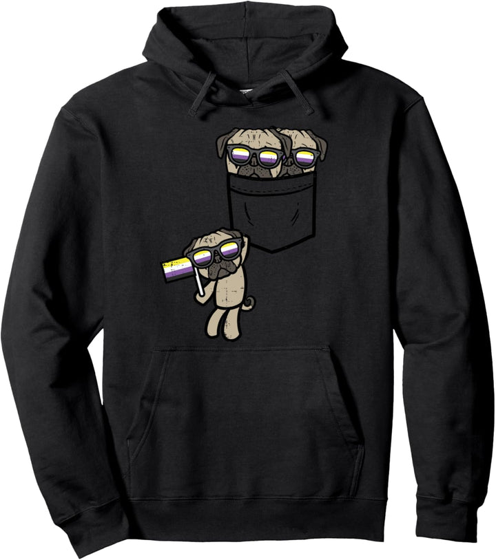 Pugs In Pocket Dogs LGBTQ Non-Binary Flag Genderqueer Enby Pullover Hoodie