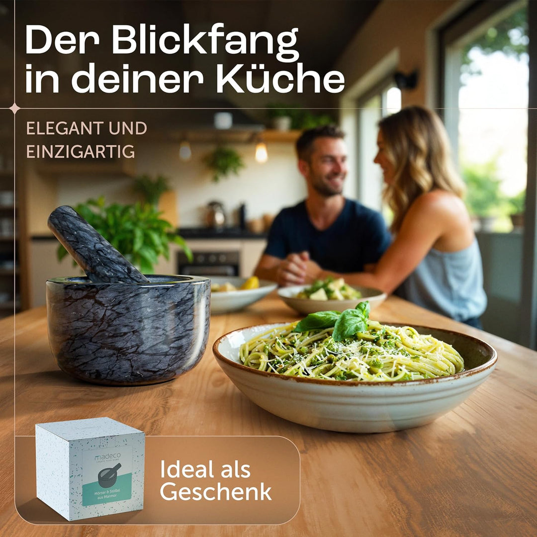 madeco - Edler Marmor Mörser mit Stössel Ø 14 cm - Perfekt geeignet für Gewürze, Kräuter & Nüsse - S