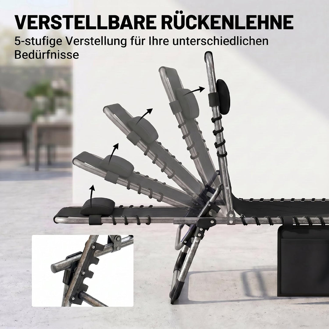 Outsunny Sonnenliege Klappbare Gartenliege Kopfkissen Seitentasche Schwarz | Liegestuhl, 5-Fach Vers