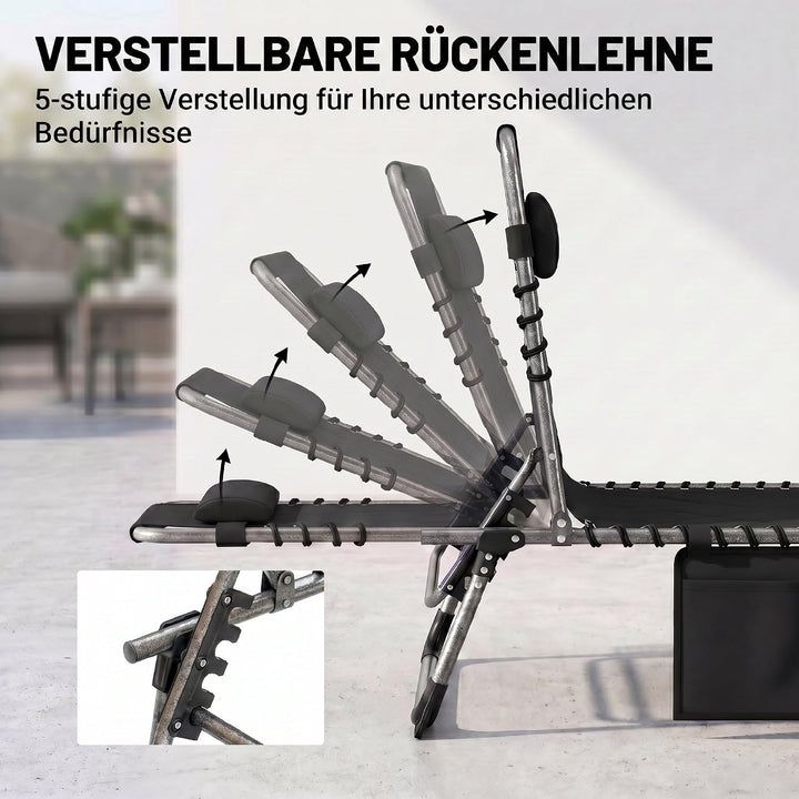 Outsunny Sonnenliege Klappbare Gartenliege Kopfkissen Seitentasche Schwarz | Liegestuhl, 5-Fach Vers