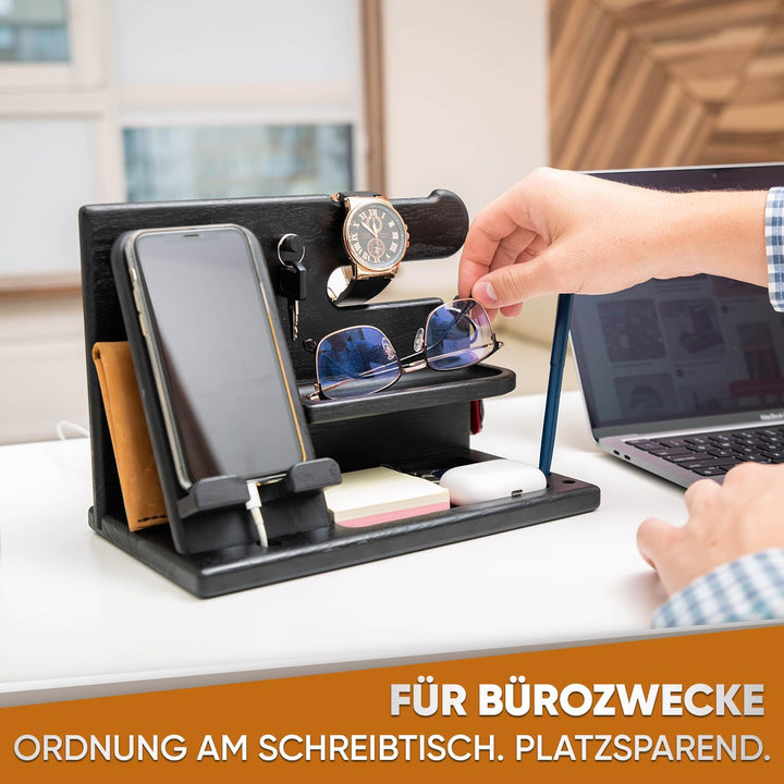 TESLYAR Männer Docking Station & Schreibtisch Organizer Holz mit Handyständer Schwarz für Büro Aufbe