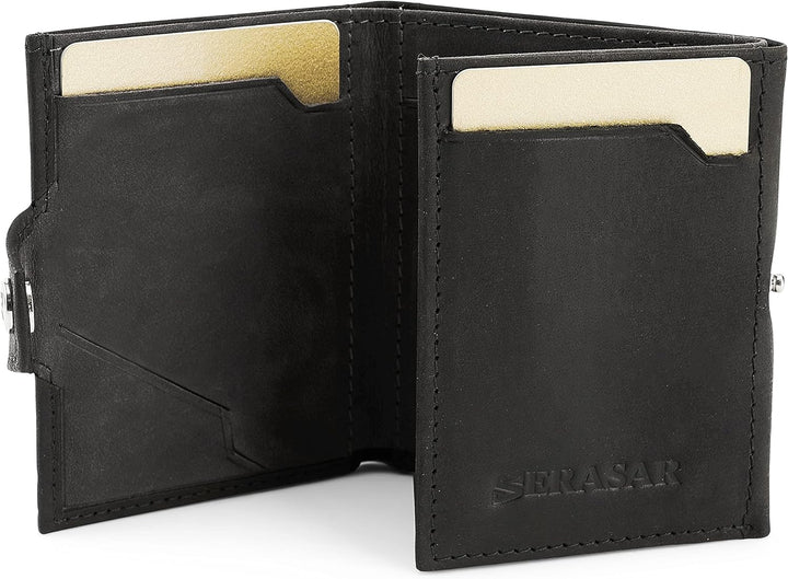 SERASAR | Leder Geldbörse Herren [Genius] mit RFID Schutz | Schwarz | Echtleder | Schein- und Münzfa