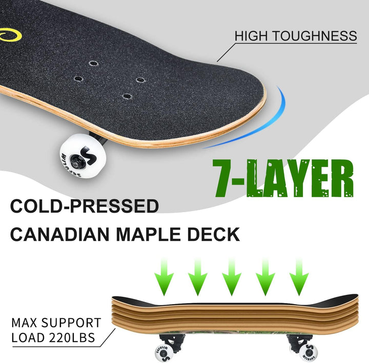 Sefulim 78,9 x 20,3 cm komplettes Skateboard, 7-lagig, kanadischer Ahorn, Doppel-Kick-Deck-Skateboar