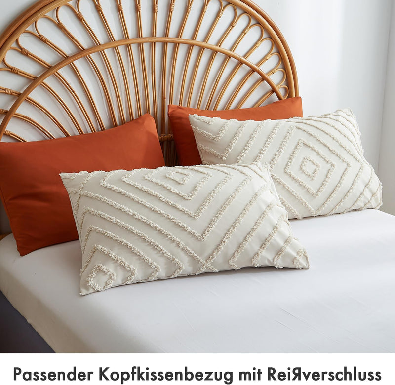 Freyamy Böhmen Bettwäsche 200x220cm 3teilig Beige Getuftet Kariert Boho Bettwäsche Stickerei Shabby