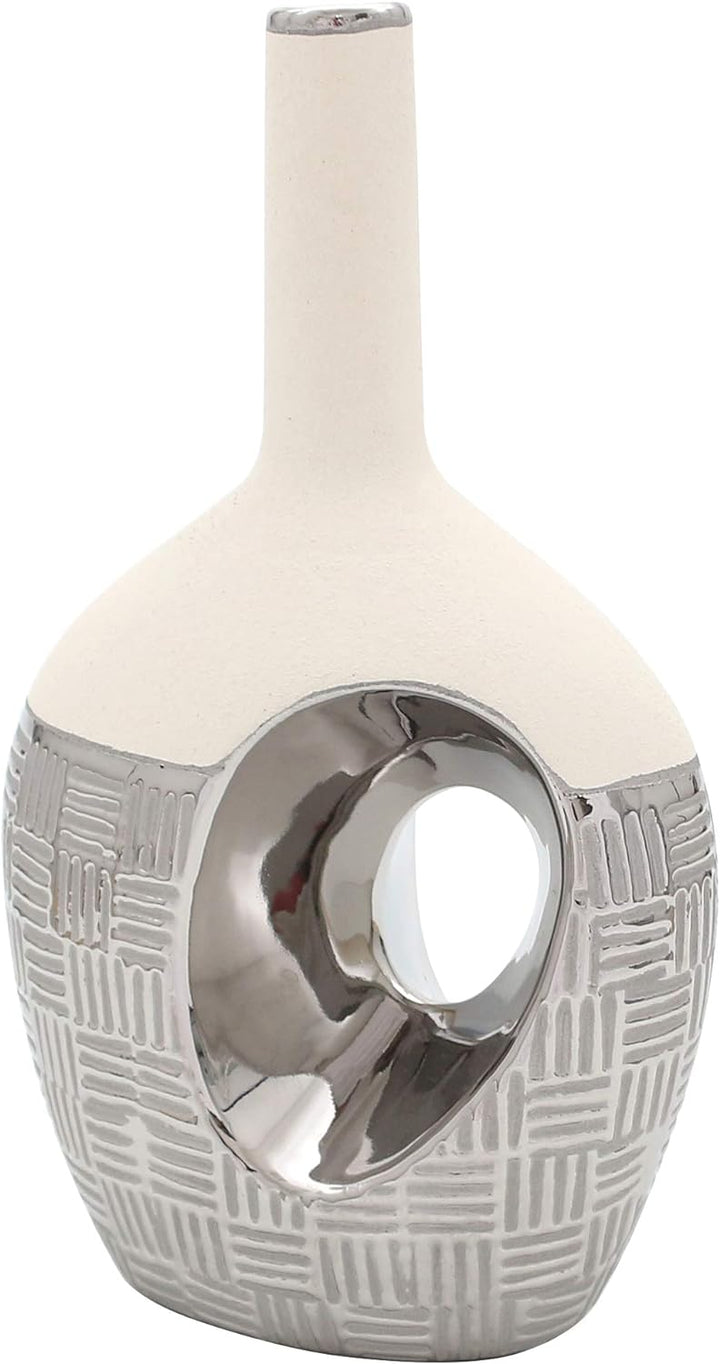Dekohelden24 Edle Designer Keramik Vase oval mit Loch und langem Hals in Silber-rau weiss, Silbergra