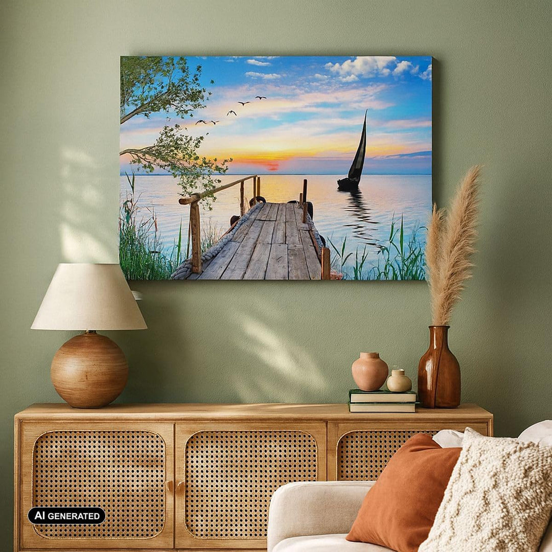 ARTTOR Bilder auf Leinwand 100x70cm Leinwandbild mit Rahmen Brücke See Gross Wanddeko Bild Schlafzim