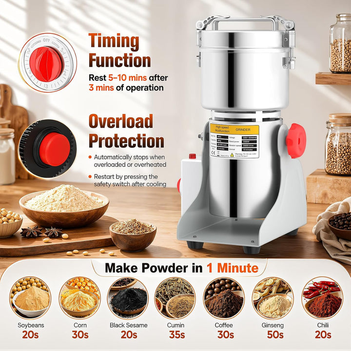 Elektrische Gewürzmühle, 800 g, 3500 W, 30000 U/min, Schwenktyp | Gewürzmühle mit 5-Minuten-Timer. I