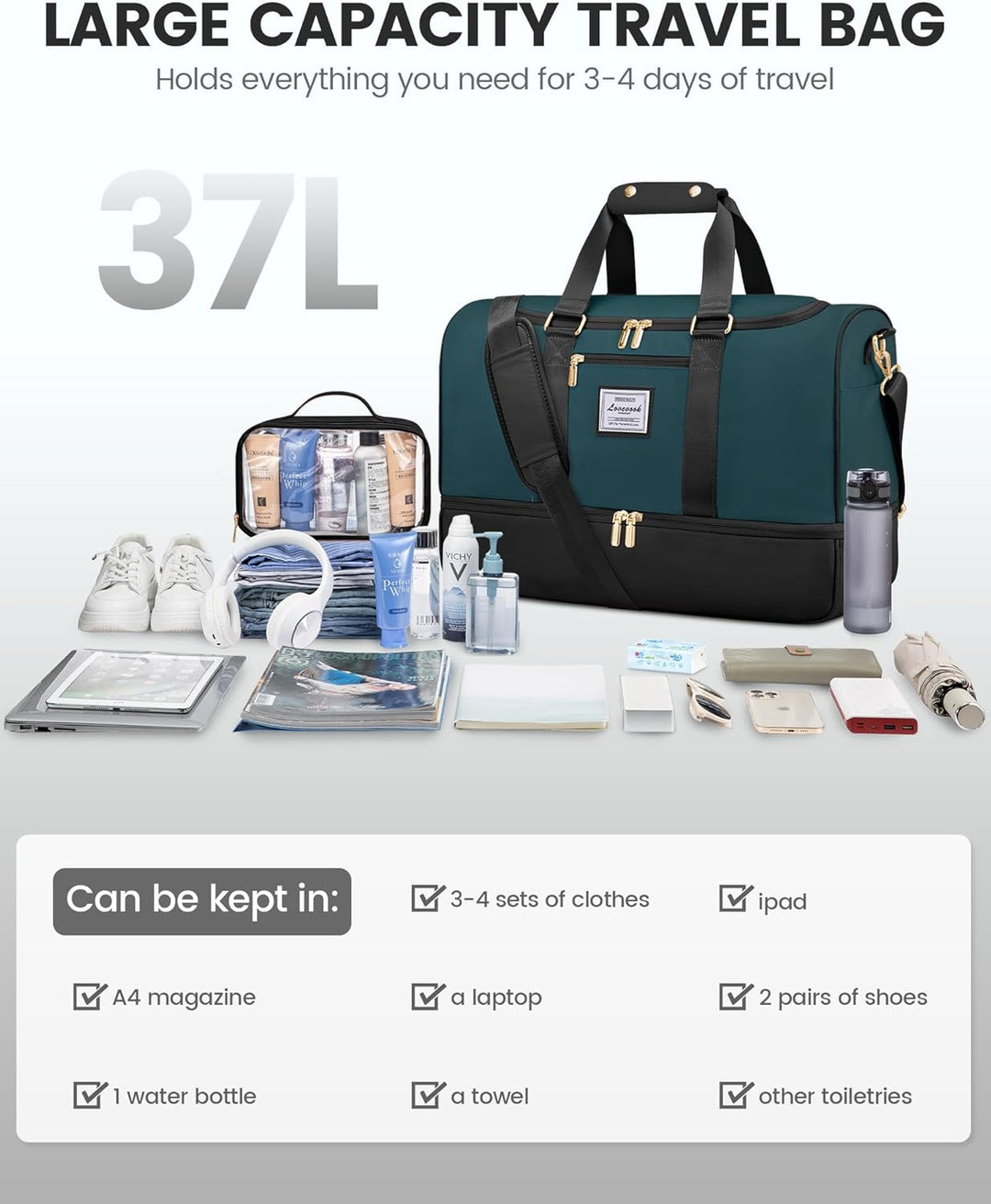 LOVEVOOK Sporttasche Reisetasche Damen, 37L Weekender mit Kulturtasche, Schuhfach & Nassfach, Sport