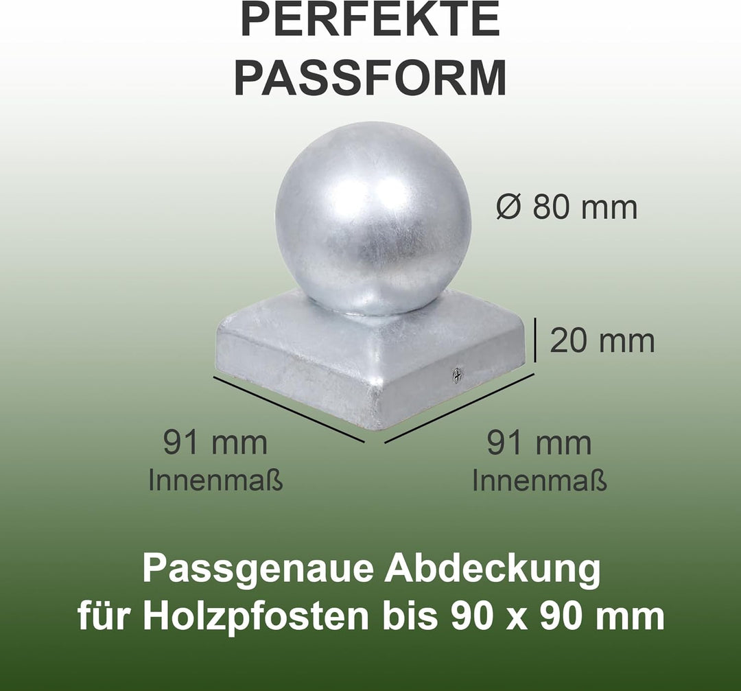 h2i Pfostenkappe Kugel | Stahl verzinkt | 91 x 91 mm | 10 Stück | Eckige Abdeckkappe für Garten Holz