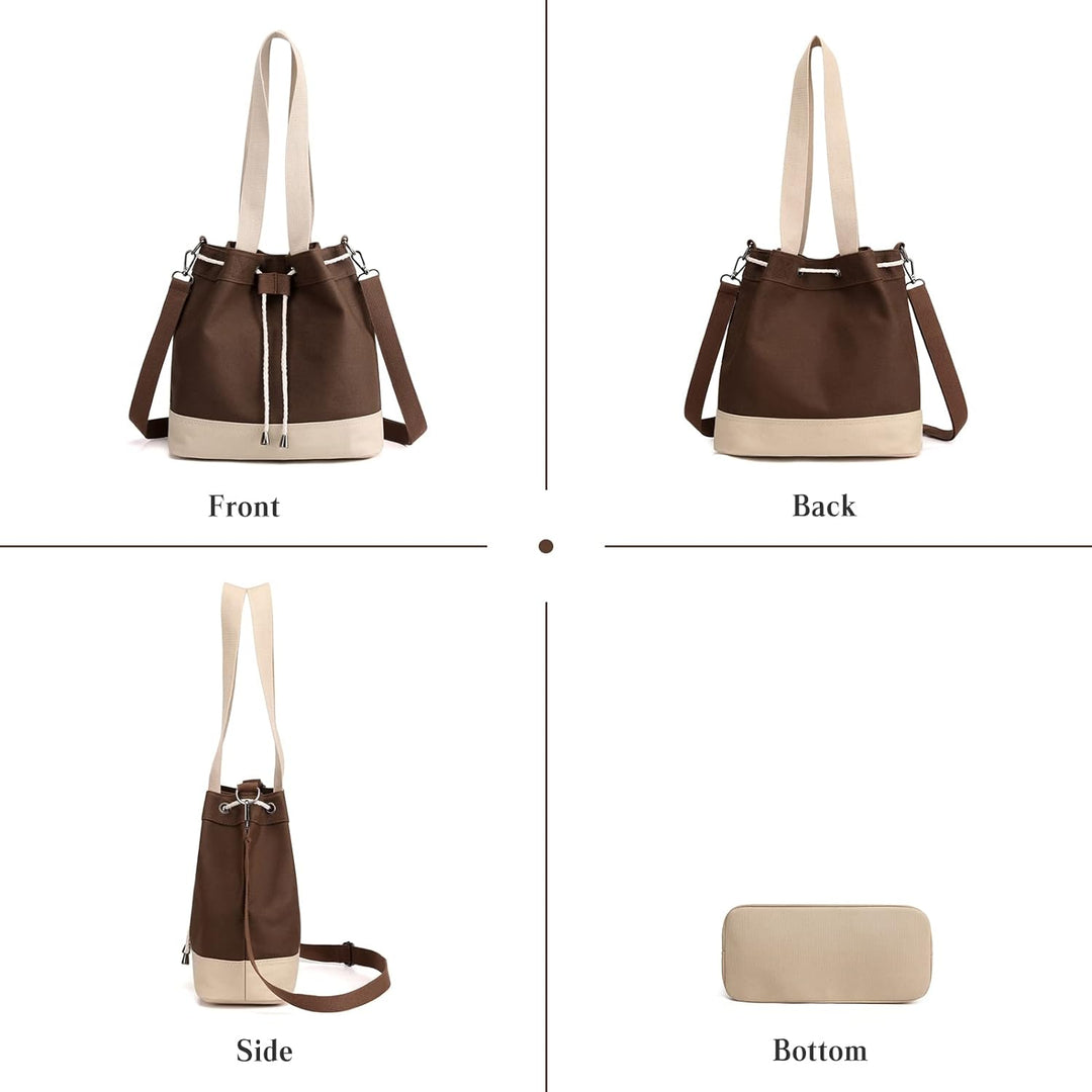 PORRASSO Damen Schultertasche Canvas Tote Umhängentasche Kordelzug Beuteltasche Mädchen Handtasche C