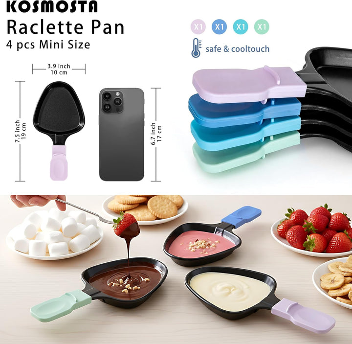 Raclette Pfännchen Ersatz-Set, 4er-Set dreieckige Antihaft-Pfannen mit farbcodierten Griffen in Eisc