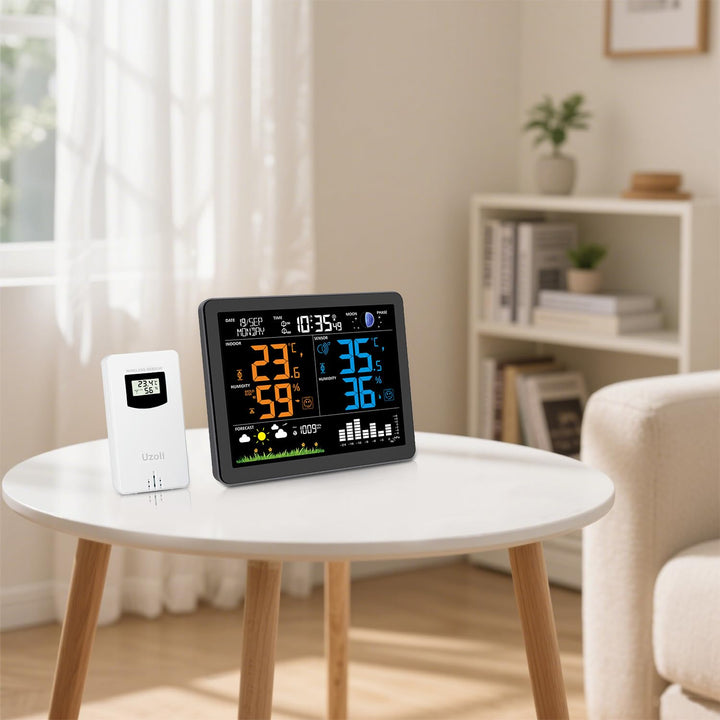 Uzoli EM3566 Wetterstation funk mit Aussensensor, Funkuhr, Innen Aussen Temperatur Feuchtigkeit, Wet
