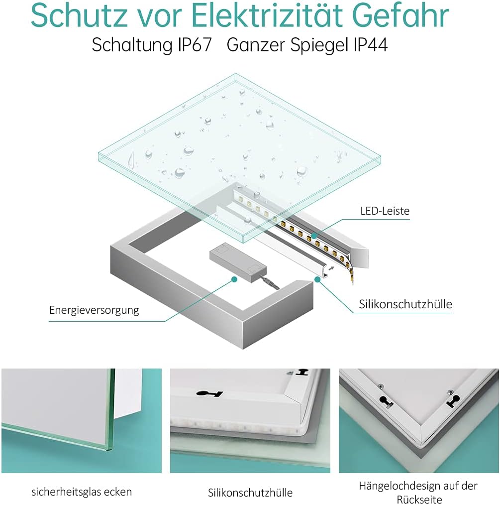 EMKE LED Badspiegel mit Beleuchtung 80x60cm Badezimmerspiegel mit Beleuchtung Kaltes Weiss 6500K Wan