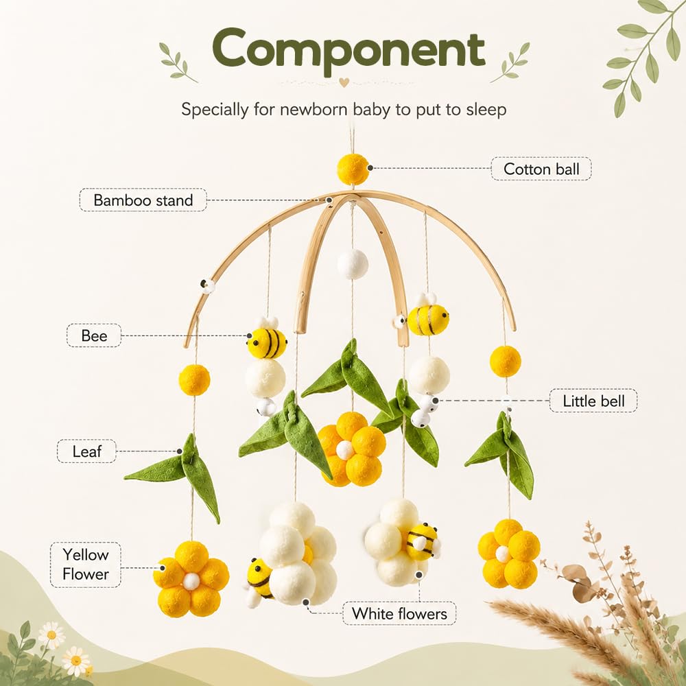 Mobile Kinderbett,Mobile für Wickeltisch,Wickeltisch Mobile mit Filzbällen, Bienen und Blumen,Kinder