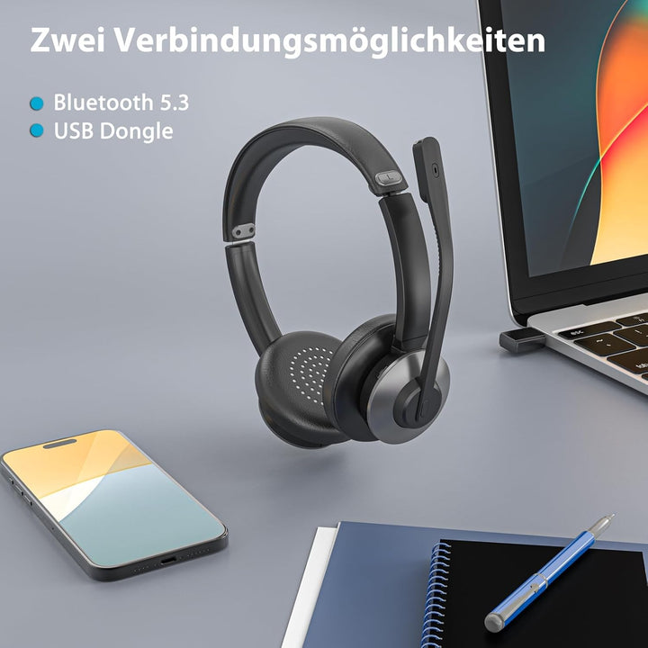 Earbay Wireless kabelloses Headset, V5.3 Bluetooth Headset mit Mikrofon kabellos, Noise Cancelling,