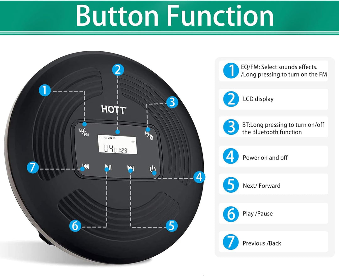 Wiederaufladbarer Bluetooth CD Player tragbar,CCHKFEI persönlicher kompakter tragbarer CD-Player mit