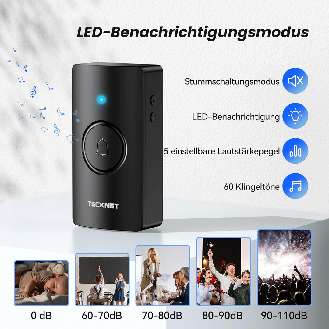 TECKNET Funkklingel, Funkklingel Batteriebetrieben mit 3 Empfänger 1 Sender, 400m Reichweite IP67 Fu