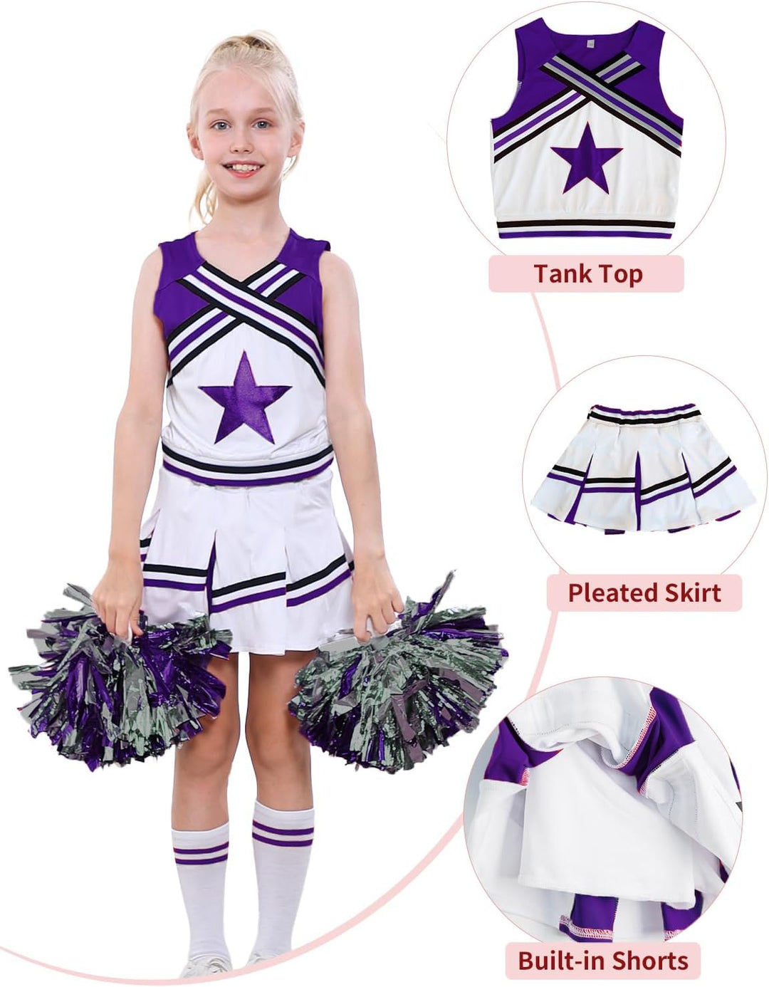 LOLANTA Mädchen Karneval Kostüm, Cheerleader kleid mit Pompoms und Socken, Mittelschule Cheerleading