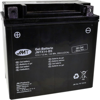 JMT Batterie 12 V 14 Ah (YTX14-BS) [wartungsfrei & versiegelt] kompatibel für Piaggio/Vespa Xevo 250