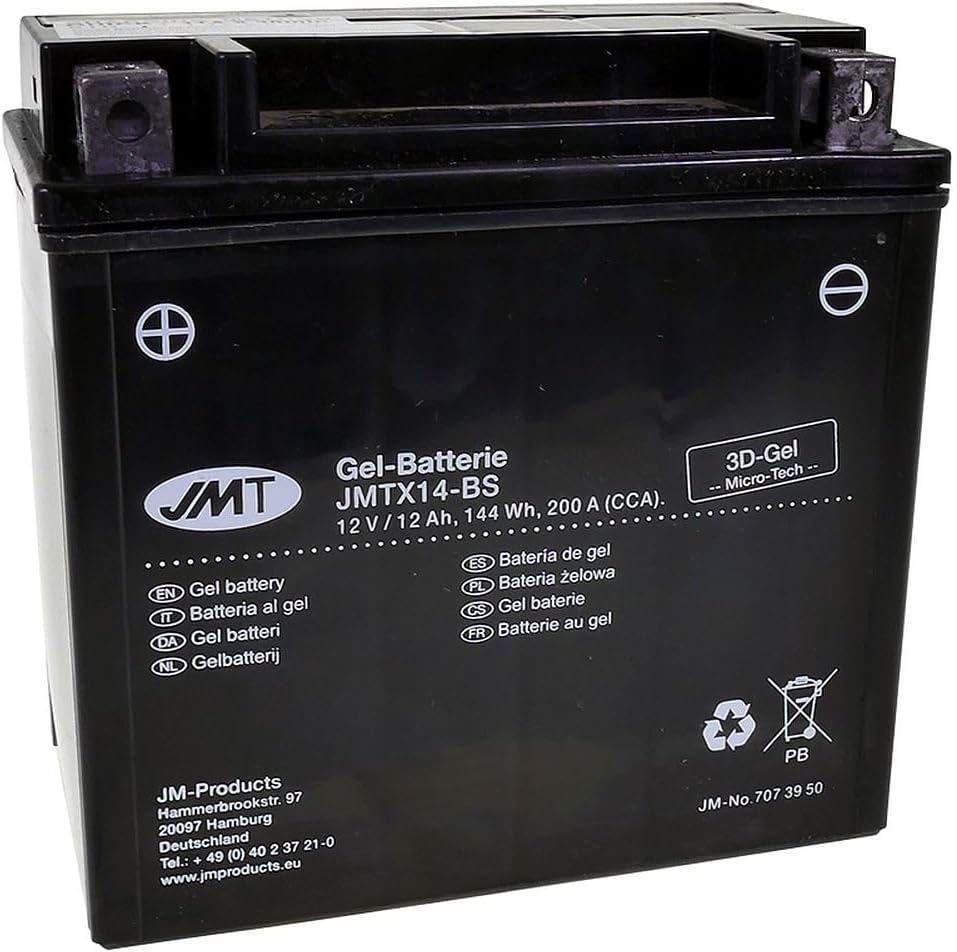 JMT Batterie 12 V 14 Ah (YTX14-BS) [wartungsfrei & versiegelt] kompatibel für Piaggio/Vespa MP3 400