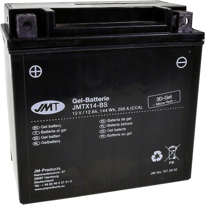 JMT Batterie 12 V 14 Ah (YTX14-BS) [wartungsfrei & versiegelt] kompatibel für Piaggio/Vespa MP3 400