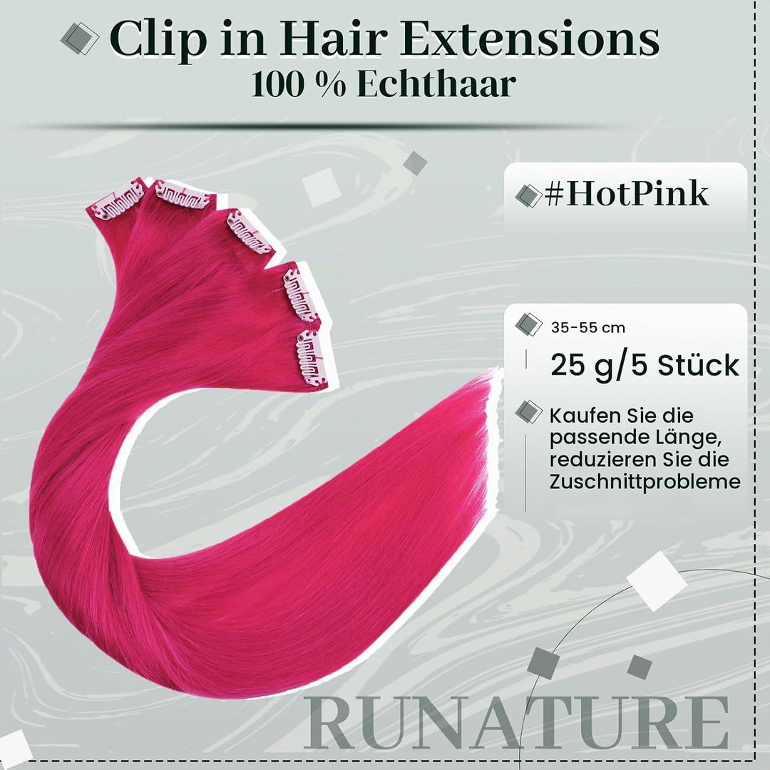 RUNATURE Clip in Extensions Echthaar Hotpink 35cm 5 Stuck 25g Remy Glatt Haarverlangerung 