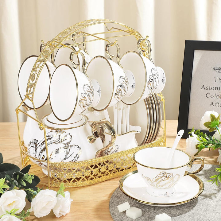 fanquare 21 Stück Britisch Vintage Porzellan Teeservice, Gold Florales Teeservice mit Goldrand, Kaff