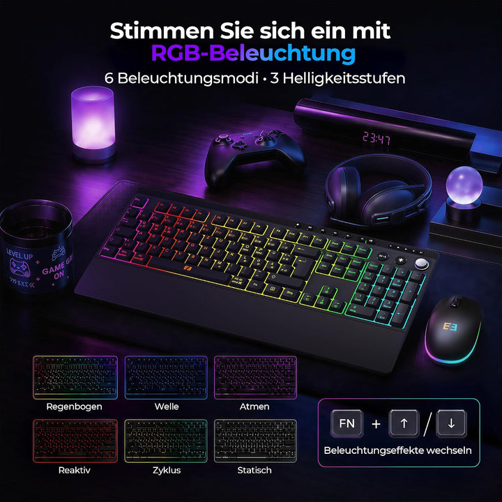 Beleuchtete Bluetooth Kabellose Tastatur mit Maus Set, QWERTZ, Schwarz | 3 Geräte Verbindung, webbas
