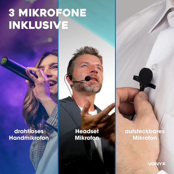 Vonyx VSA500-BP Partybox Bluetooth Lautsprecher Gross, 800 Watt, Akku 8 Std. Headset mit Ansteckmikr