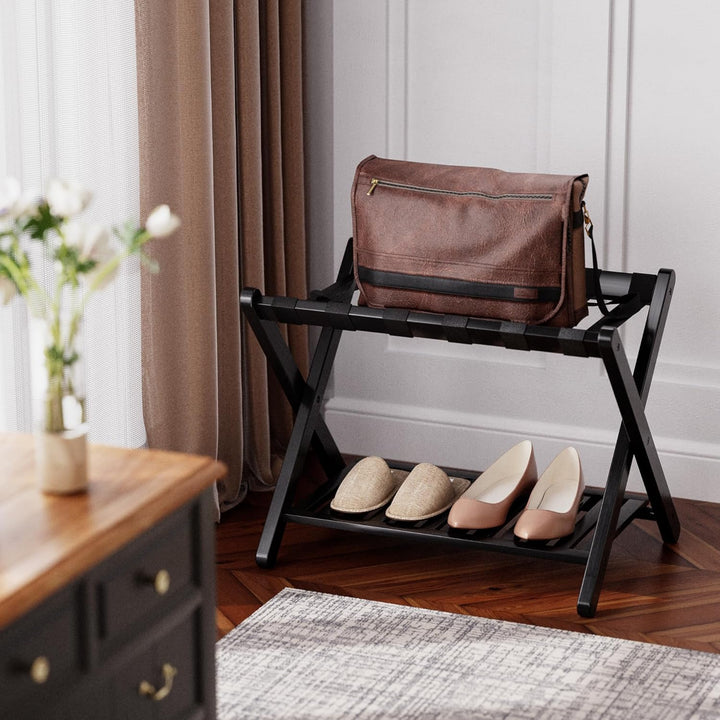 SMIBUY Gepäckträger, faltbarer Kofferständer aus Bambus mit Ablagefächern für Gästezimmer, Schlafzim