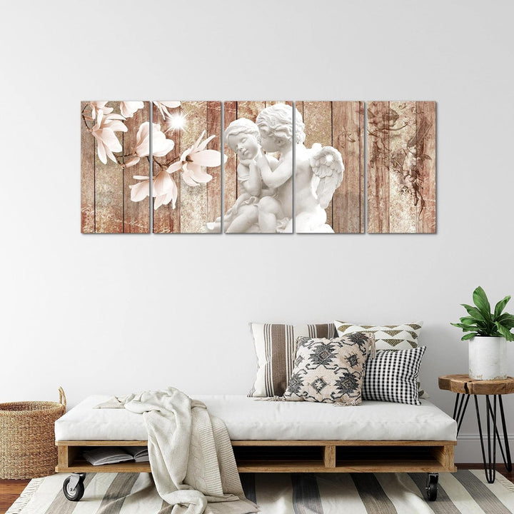 Runa Art Wandbild XXL Engel Blumen Wohnzimmer Schlafzimmer 200 x 80 cm Braun 5 Teilig - Made in Germ