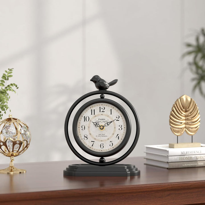 Schwarze Vintage-Tischuhr mit Vogel, europäischer Retro-Stil, Kaminuhr, Schreibtisch- und Regaldekor