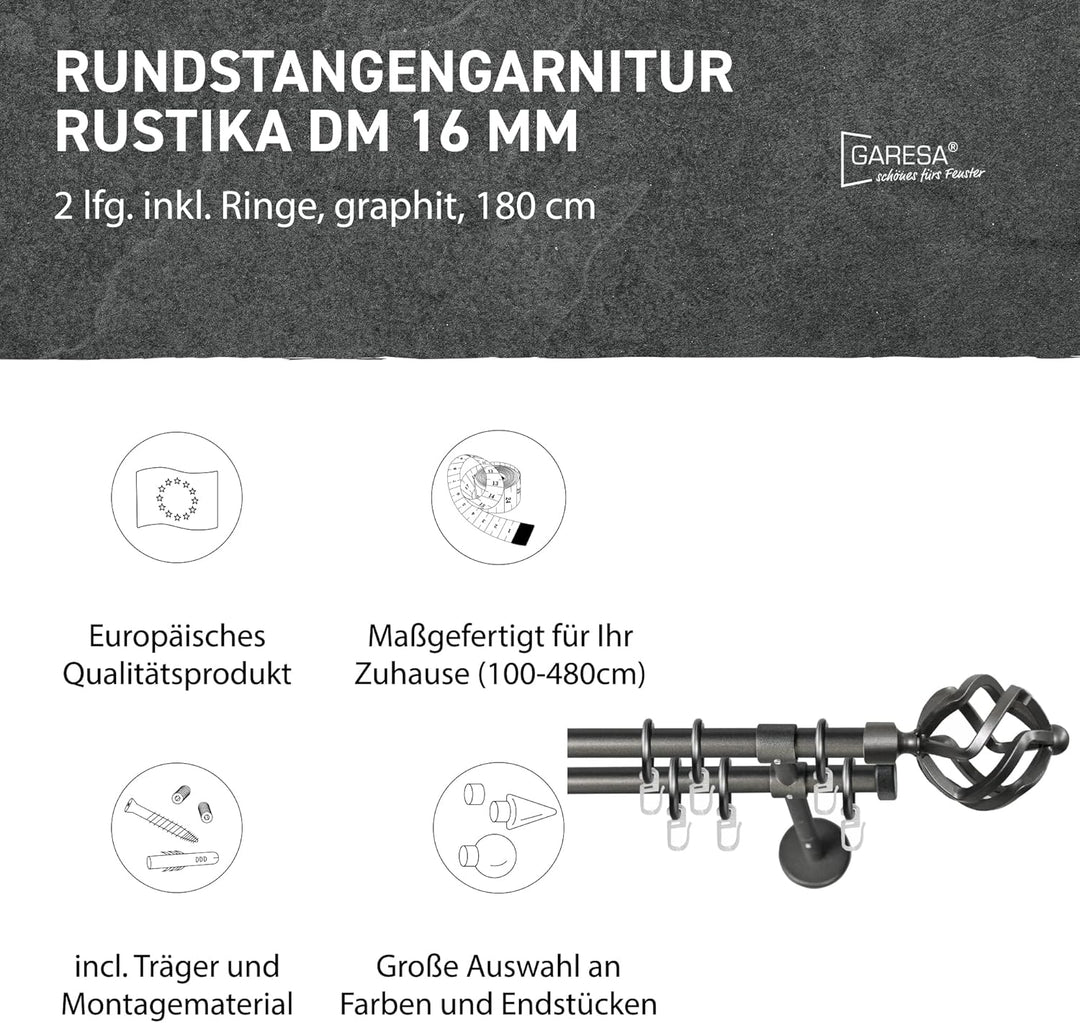 Garesa Gardinenstange Rustika Ø 16mm, 2-läufig, Graphite I Rustikale Vorhangstange aus Metall inkl.