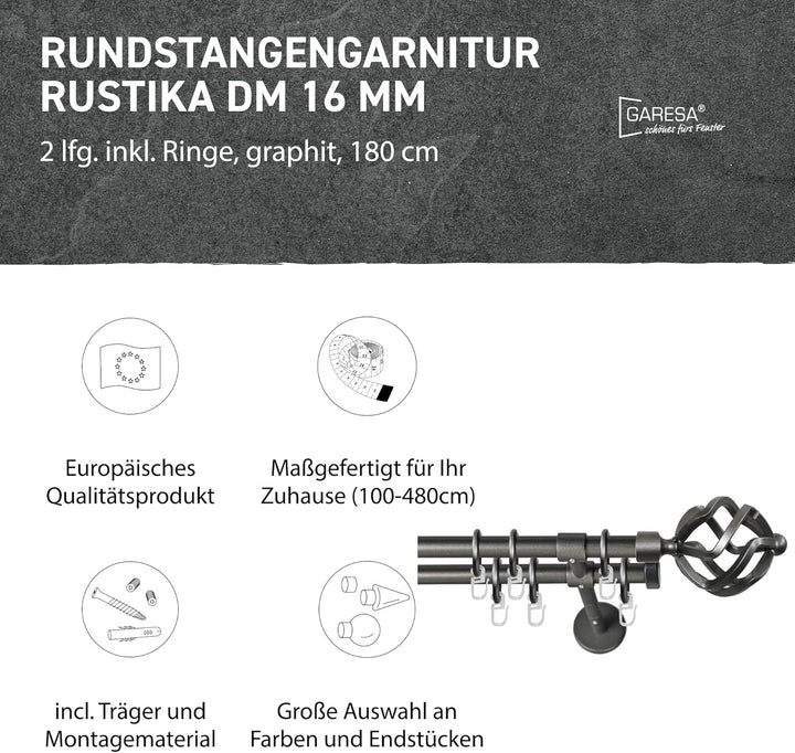 Garesa Gardinenstange Rustika Ø 16mm, 2-läufig, Graphite I Rustikale Vorhangstange aus Metall inkl.