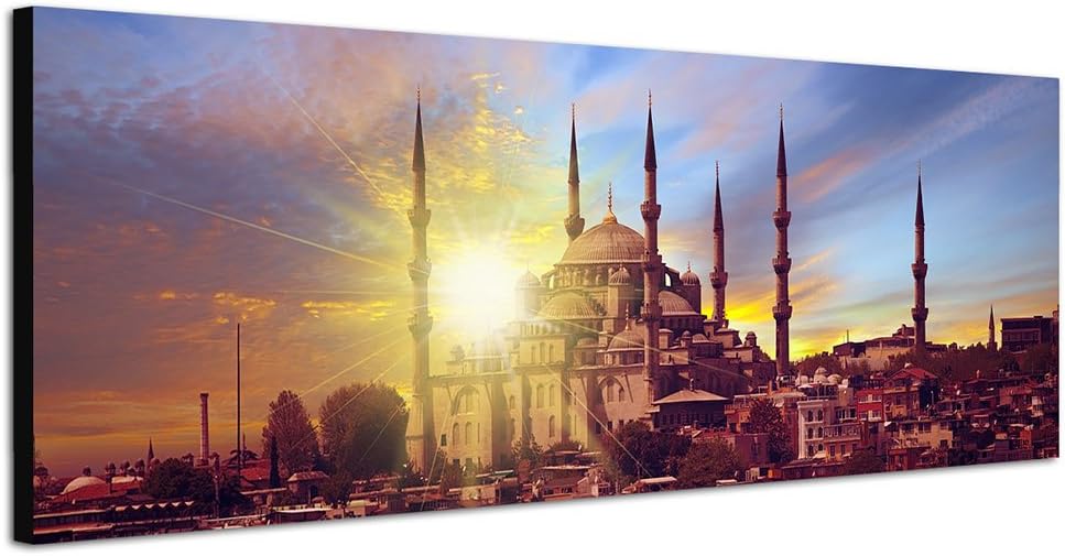 Paul Sinus Art Panoramabild auf Leinwand und Keilrahmen 150x50cm Istanbul Moschee Sonnenuntergang Wa