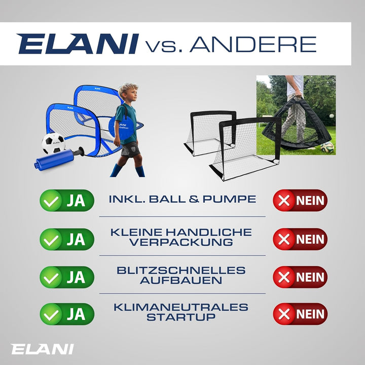 ELANI - Fussballtor Set mit 2 Toren - doppelt verstärkte Seiten & Tragetasche mit 8 Heringen für sic