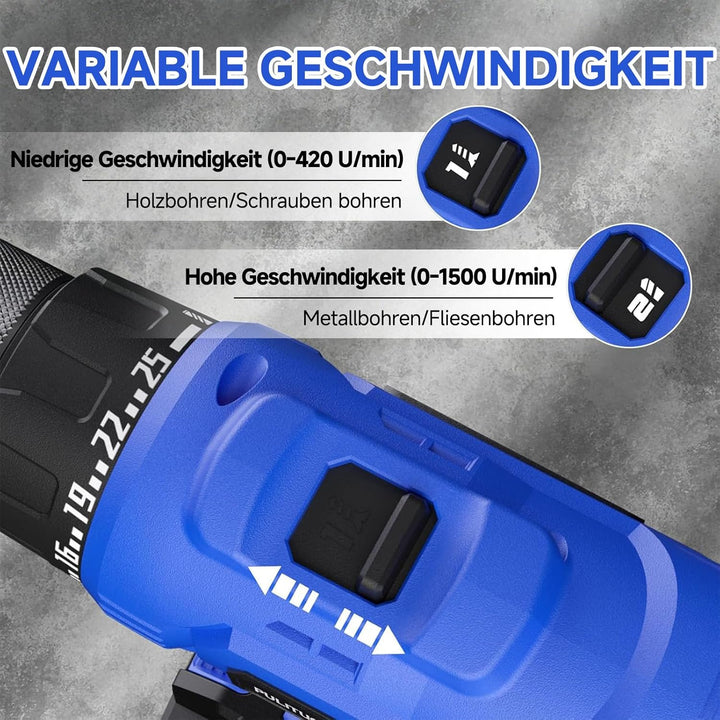 PULITUO Akkuschrauber Set, 20V Akku Bohrschrauber mit 2×2,0Ah Akkus, 45 Nm, 25+1 Drehmomentstufen, 1
