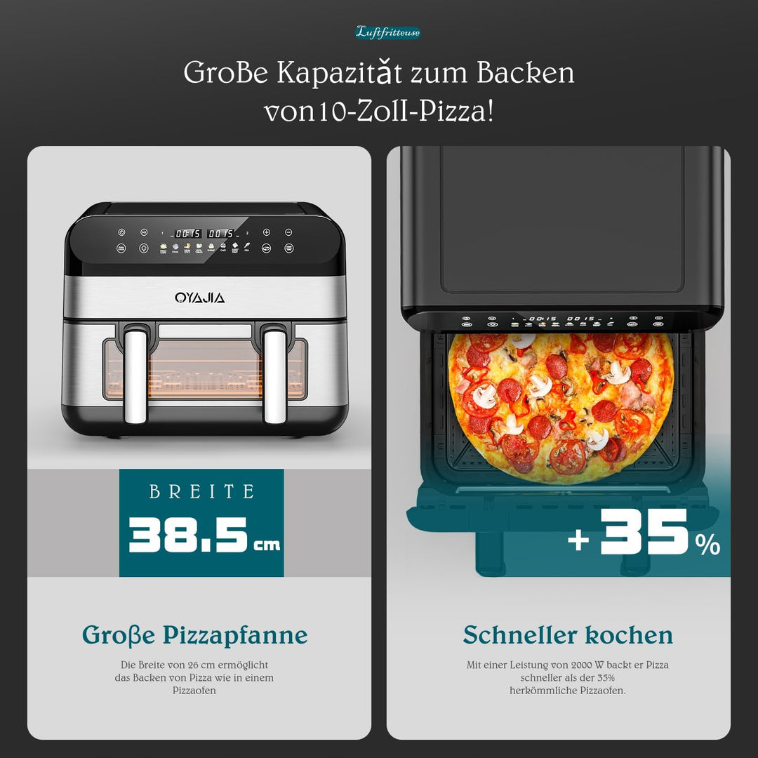 Heissluftfritteuse mit Sichtfenster, 10L XL Kapazität Doppel-Airfryer, 8-in-1 Kochvorgaben, LED Touc