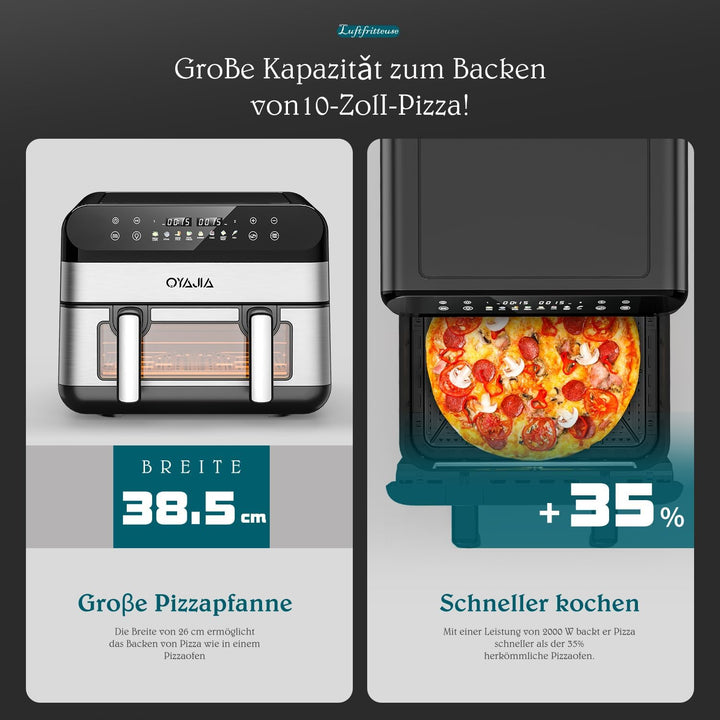 Heissluftfritteuse mit Sichtfenster, 10L XL Kapazität Doppel-Airfryer, 8-in-1 Kochvorgaben, LED Touc