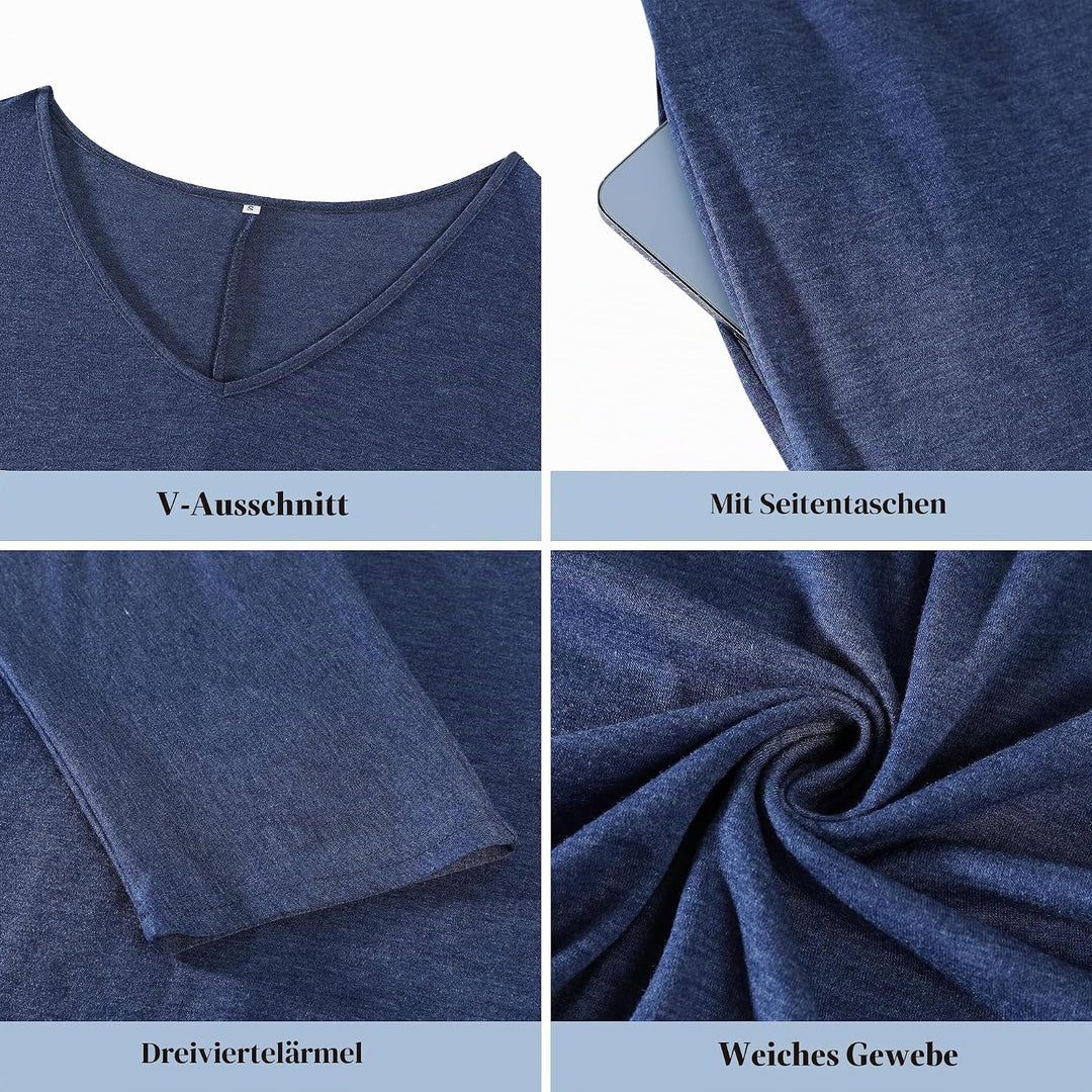 Uniexcosm Nachthemd Damen Lange Baumwolle 3/4 Ärmel Nachtkleid Nachtwäsche V-Ausschnitt Freizeitklei