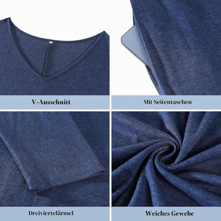 Uniexcosm Nachthemd Damen Lange Baumwolle 3/4 Ärmel Nachtkleid Nachtwäsche V-Ausschnitt Freizeitklei