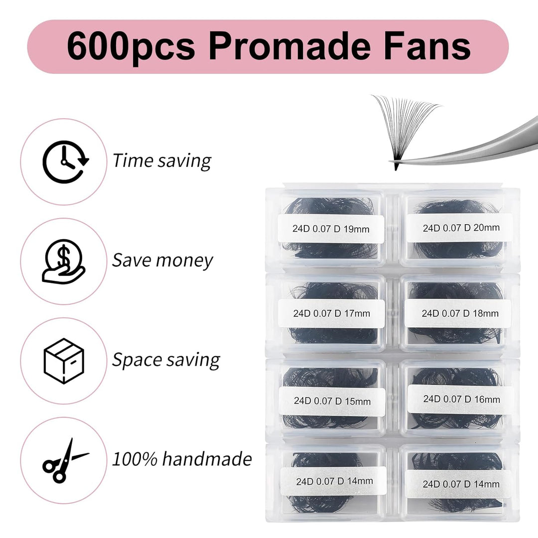 FADLASH 2024 Version Professionell Mixed 600pcs Lash Fächer 24D 14-20mm 0,07mm D Curl Fertig Volumen