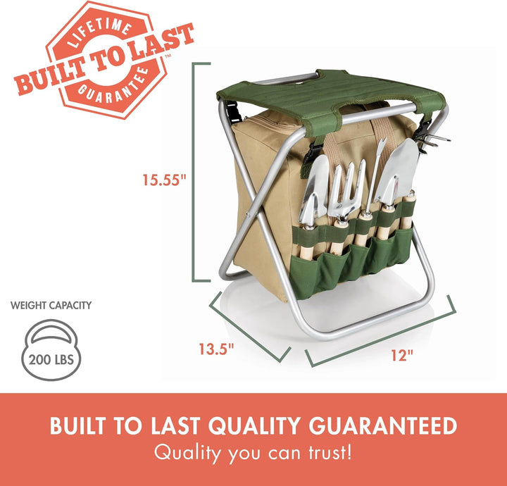 Picnic TIME ONIVA - a Brand Gardener 5-Piece Garden Tool Set with Tote and Folding Seat Olivgrün mit