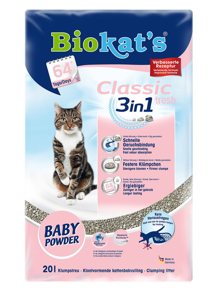 Biokat's Katzenstreu Classic Fresh 3 in 1 Babypuderduft, 1 Packung (1 x 20 L)