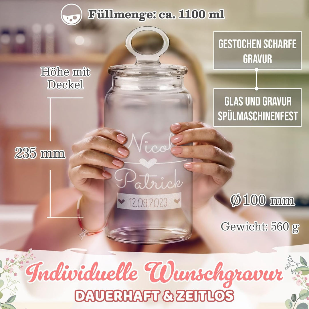 Print Royal PR Personalisierte Keksdose aus Glas mit Gravur - 1100 ml - 365 Gründe warum ich dich Li