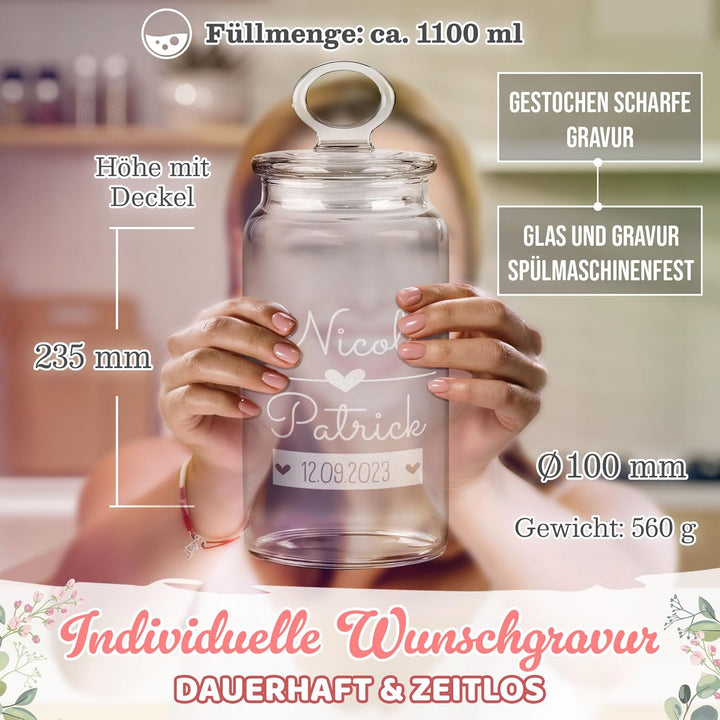 Print Royal PR Personalisierte Keksdose aus Glas mit Gravur - 1100 ml - 365 Gründe warum ich dich Li