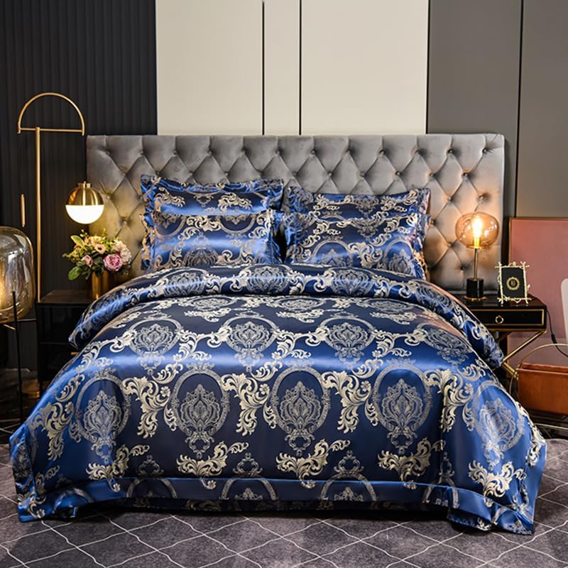Tospass Bettwäsche 220x240 3Teilig Blau Dunkelblau Jacquard Satin Stickerei Prozess Blumen Bettwäsch