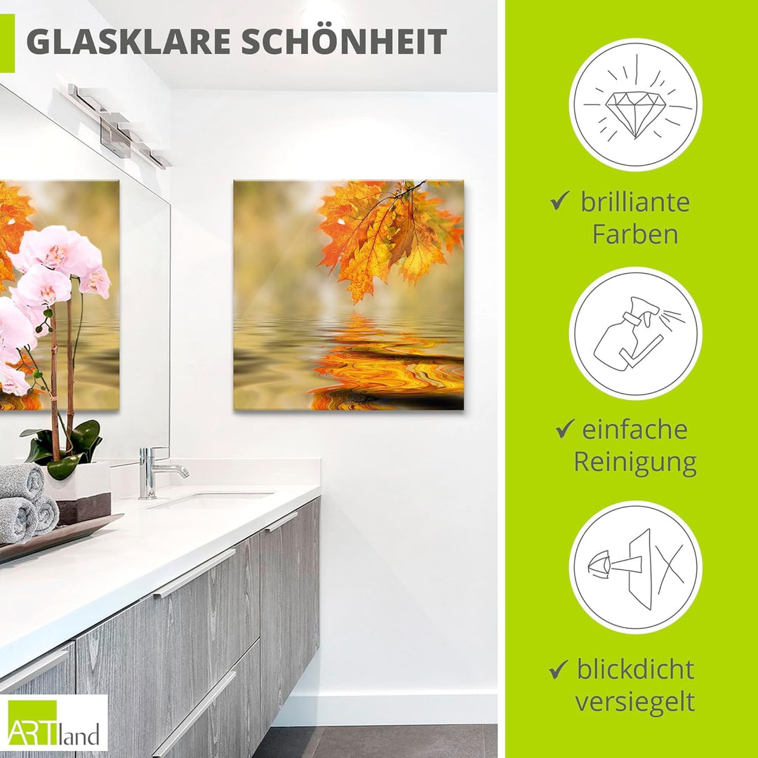 ARTland Glasbilder Wandbild Glas Bild einteilig 50x50 cm Quadratisch Natur Landschaft Wald See Blätt